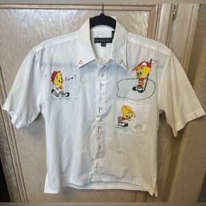 Vintage Looney Tunes Tweety Bird Button Up Golf Hand Drawn Kids Sz 14 Small READ